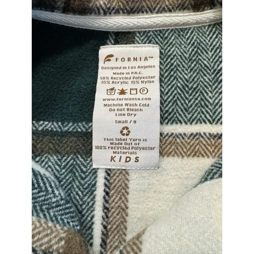 Fornia Kids Shacket Green Plaid Small /8 Snap Front‎ Shirt Jacket Fleece